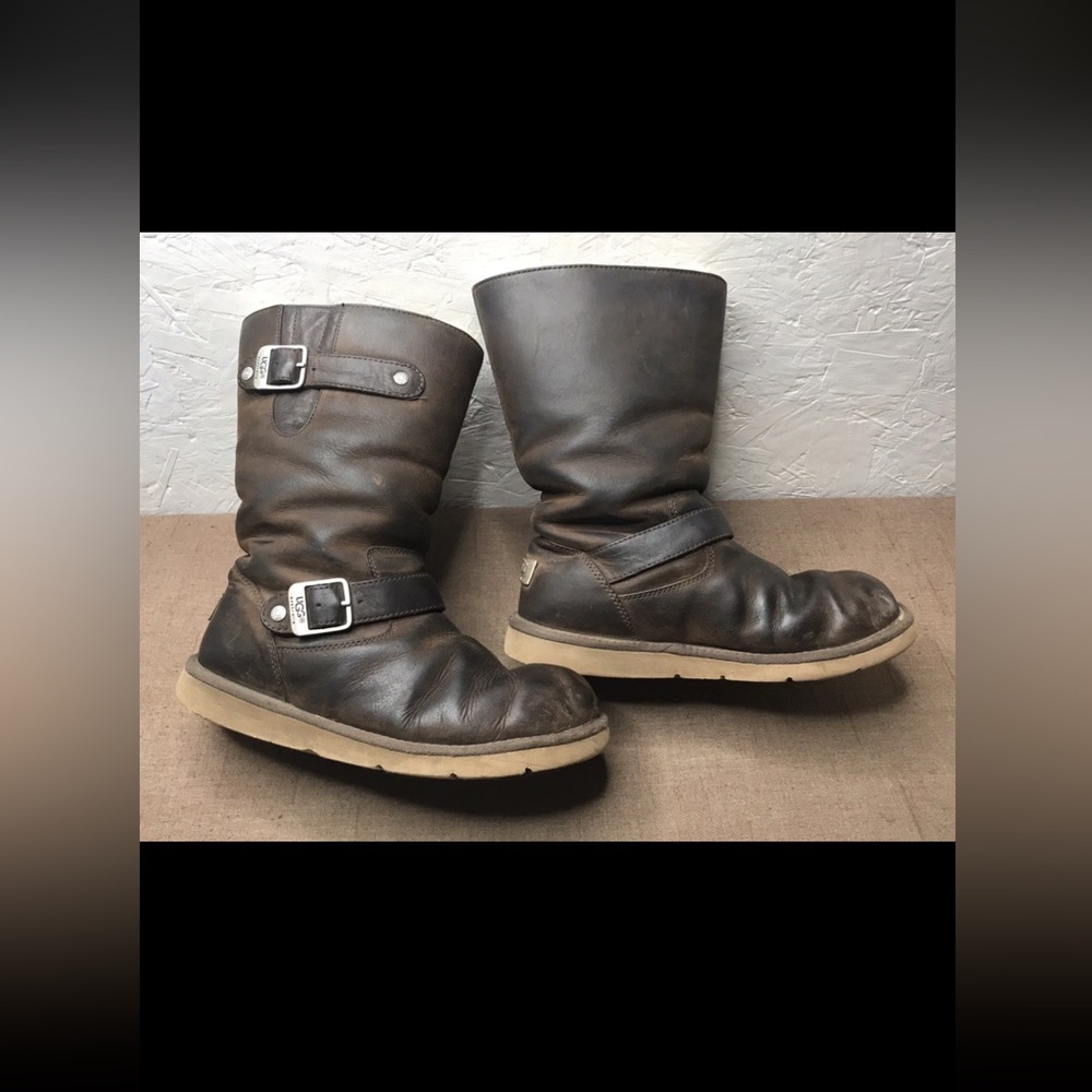 UGG Kensington Women's Biker Boots Brown Leather Genuine Sheepskin Size 7 Moto